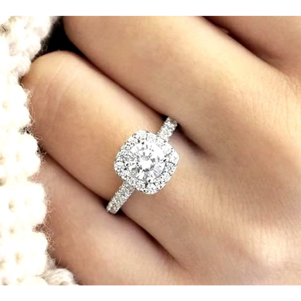 NEW 2 Ct Pave Halo Round Platinum S925‎ Diamond Engagement Ring | Sz 7.5 NEW